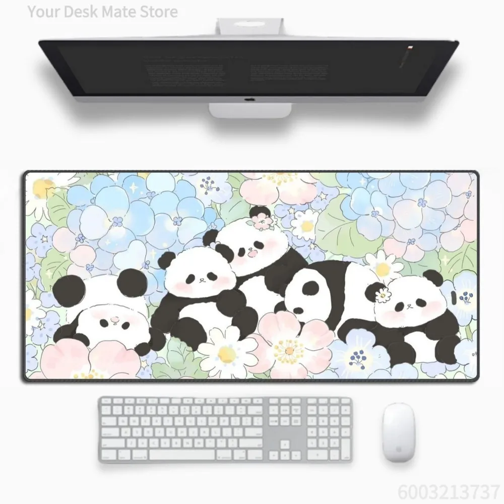 Cute Panda Cherry Blossom River Large Gaming Mouse Pad Watercolor Art Non-Slip Rubber Desk Mat for Office Home Gamer