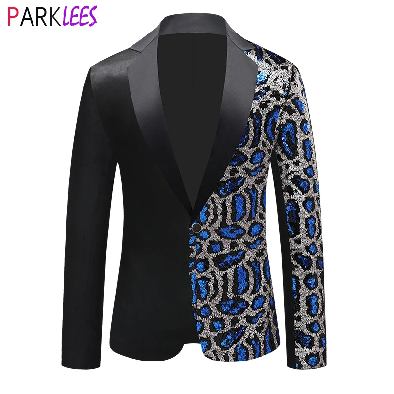 Blue Leopard Sequin Pathwork Suit Jacket Men 2023 Brand New Slim Fit One Button Dress Blazers Mens Party Wedding Stage Costumes