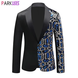 Blue Leopard Sequin Pathwork Suit Jacket Men 2023 Brand New Slim Fit One Button Dress Blazers Mens Party Wedding Stage Costumes