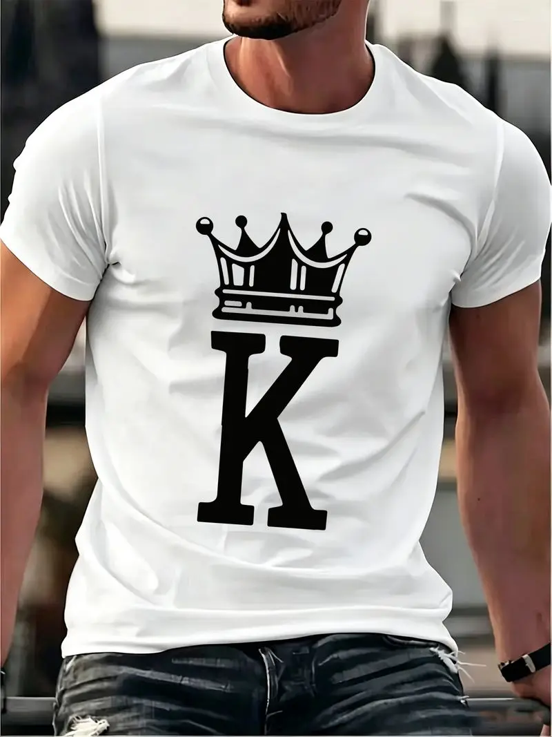 Men's Pure Cotton Crew-Neck T-Shirt Featuring 'King K' Crown And Letter Print, King Of Poker Themed Top For Father's Day