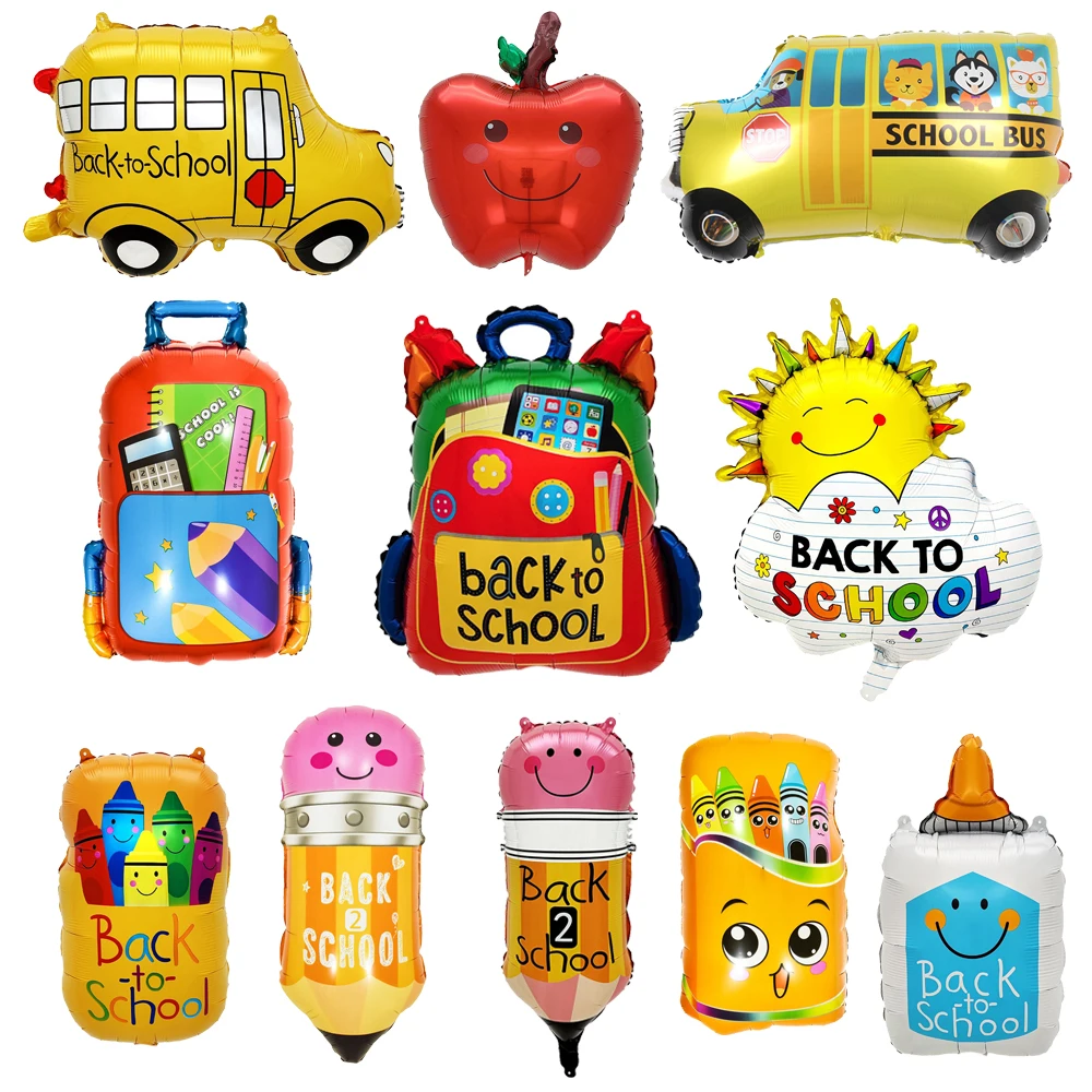 Caja de crayones con tema escolar, Globos de aluminio de dibujos animados, bolso escolar, globo de helio, decoración para el aula de graduación, Globos para volver a la escuela