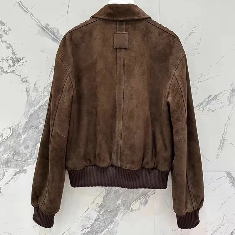 Vintage Women's Genuine Kid Suede Leather Jacket 2025 Rivet Stylish Coat Green Leather Bomber Jacket Baseball Uniform Mujer Ropa