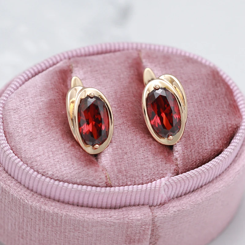 

2021 New Fashion Wedding Jewelry Oval Geometric Zircon Earrings 585 Rose Gold Simple Red Pink Zircon Golden Earrings for Women