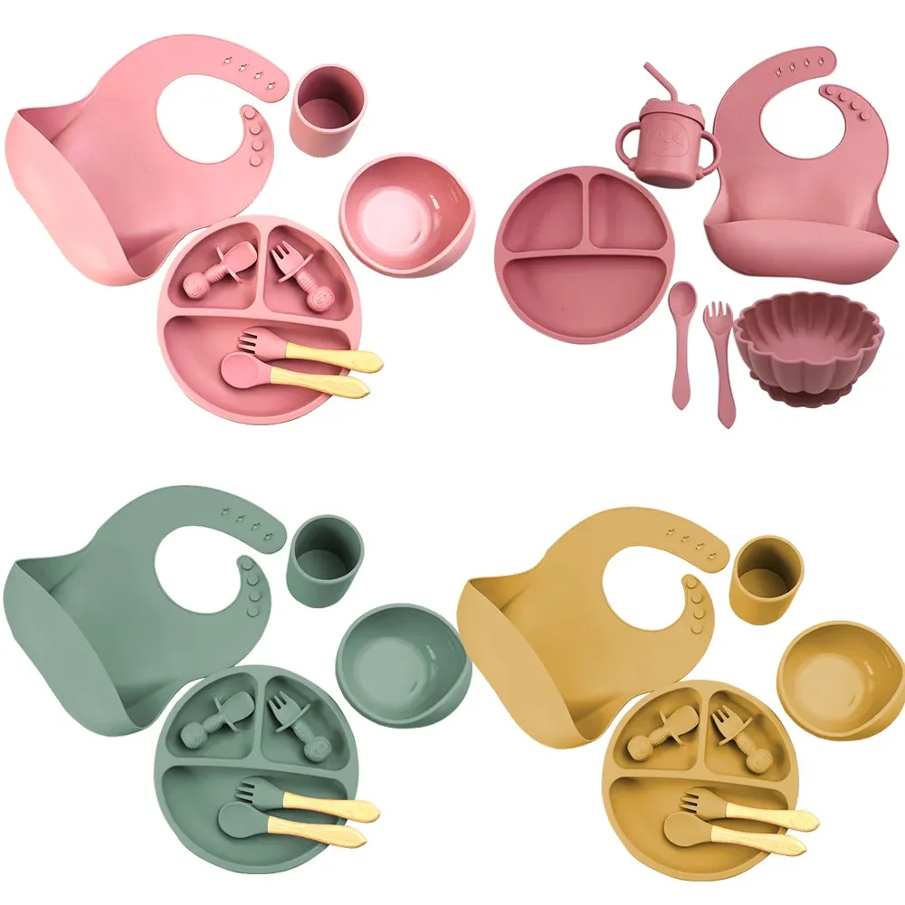 

Silicone Baby Plates Spoons Forks Bib Bowls Dish Cup Child Feeding Suction Kids Toddler Eating Tableware Dinnerware Non-slip Set