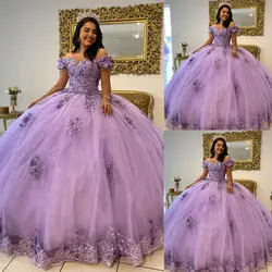 Lavender Lilac Quinceanera Dress With 3D Florals Off Shoulder Puffy Tulle Sweet Vestidos de XV años 15 Years Birthday Customzied