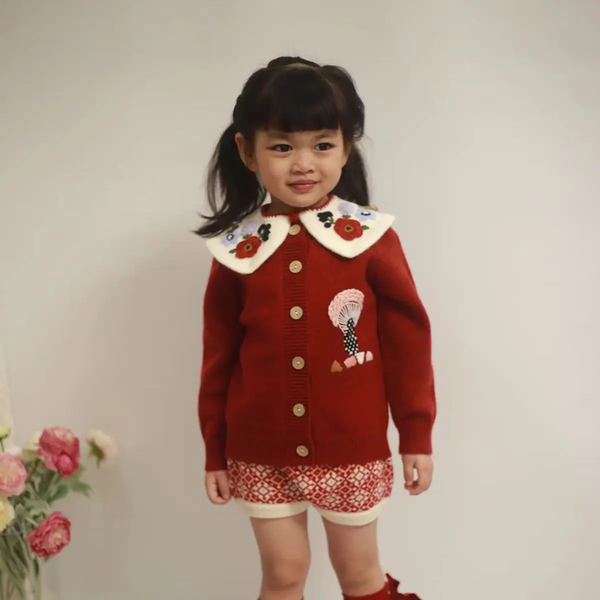 2026 New Autumn Winter Baby Girls Heavy Craft Hand Embroidered Bear & Mushroom Knit Cardigan, Versatile Kids Outerwear