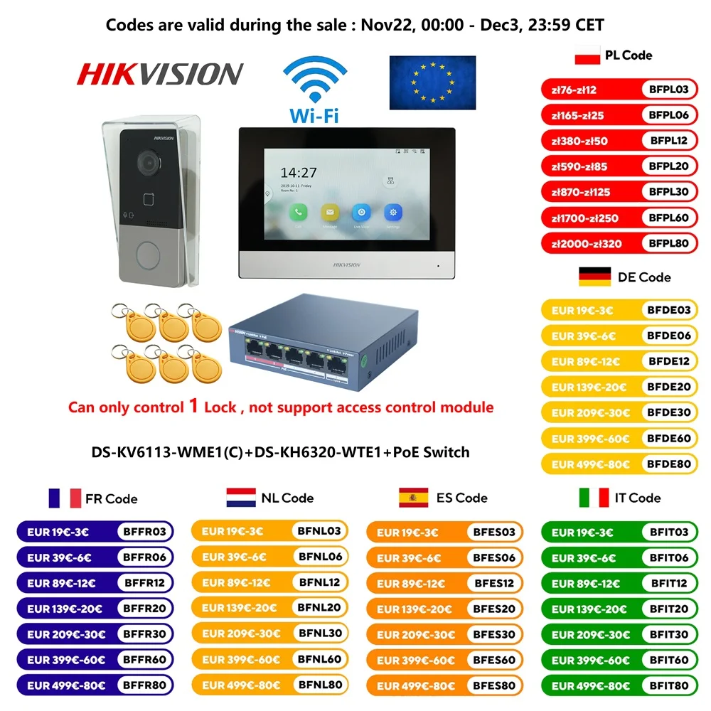 HIKVISION DS-KIS603-P(C) Multi-language 802.3af POE Video intercom KIT,include DS-KV6113-WPE1(C) & DS-KH6320-WTE1 & PoE Switch