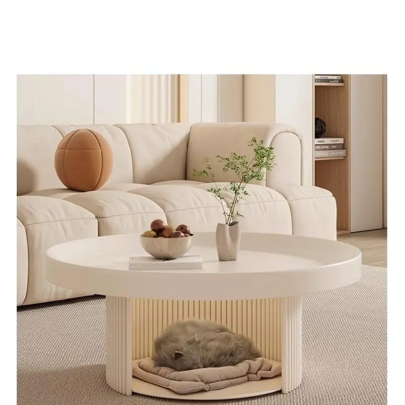 French cream style minimalist living room sofa, coffee table, small layout designer, creative pet circular small coffee table