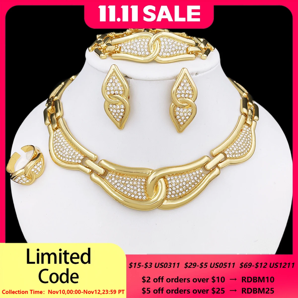 

Classic Design Jewelry Gold Plated Necklace Set Earrings Bracelet And Ring Full Jewelry Set High Quality Nigeria Trending