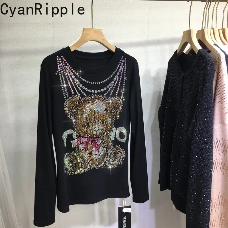 Large Size New Autumn Black Long Sleeve Women T-shirt Cute Bear Hot Diamonds Round Neck Pullover Top Casual Female Basic Tees