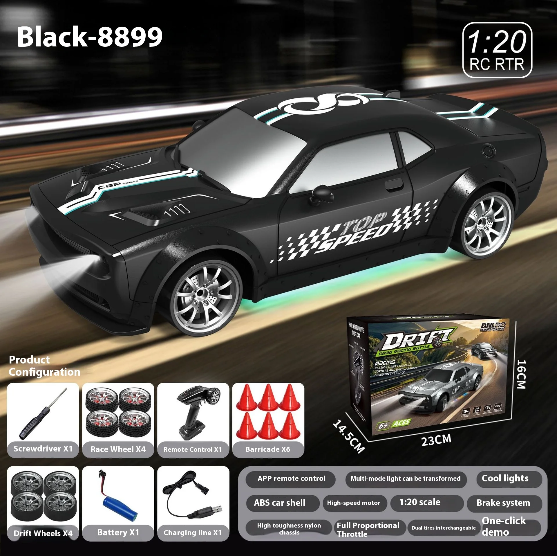 RC1 ad alta velocità: auto da deriva telecomandata a quattro ruote motrici con luci a LED giocattolo modello da corsa con frequenza 2.4G per bambini