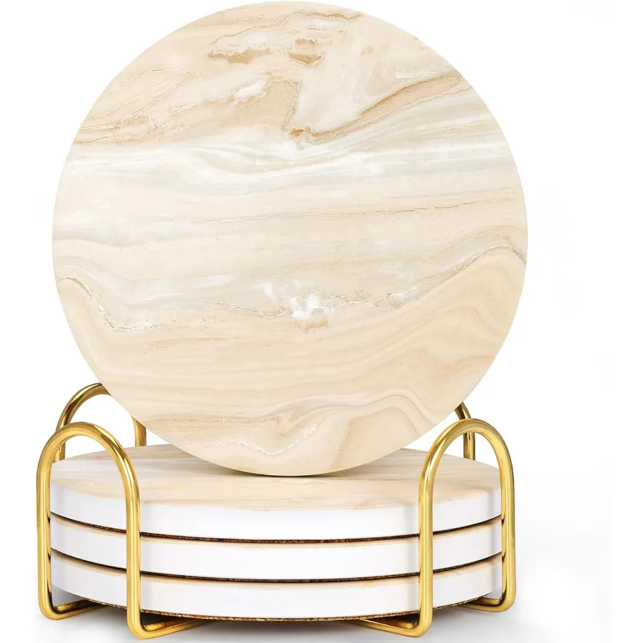 

Coasters for Drinks Set of 4 Absorbent Marble Style Ceramic Coaster Cup Coasters Tabletop Protection Home Decor with Metal Hold