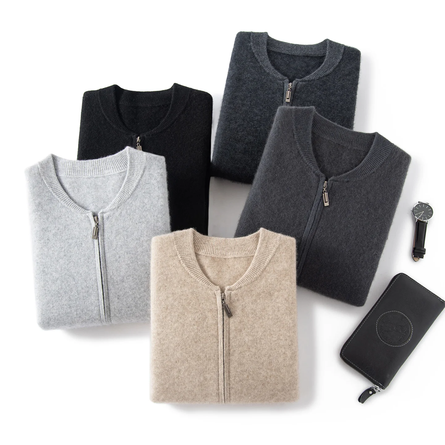 100% Cashmere Cardigan Set Men's Autumn Winter O-neck Zipper Thick Jacket Wide Leg Pants Loose Knitted Two-piece Suit High-end