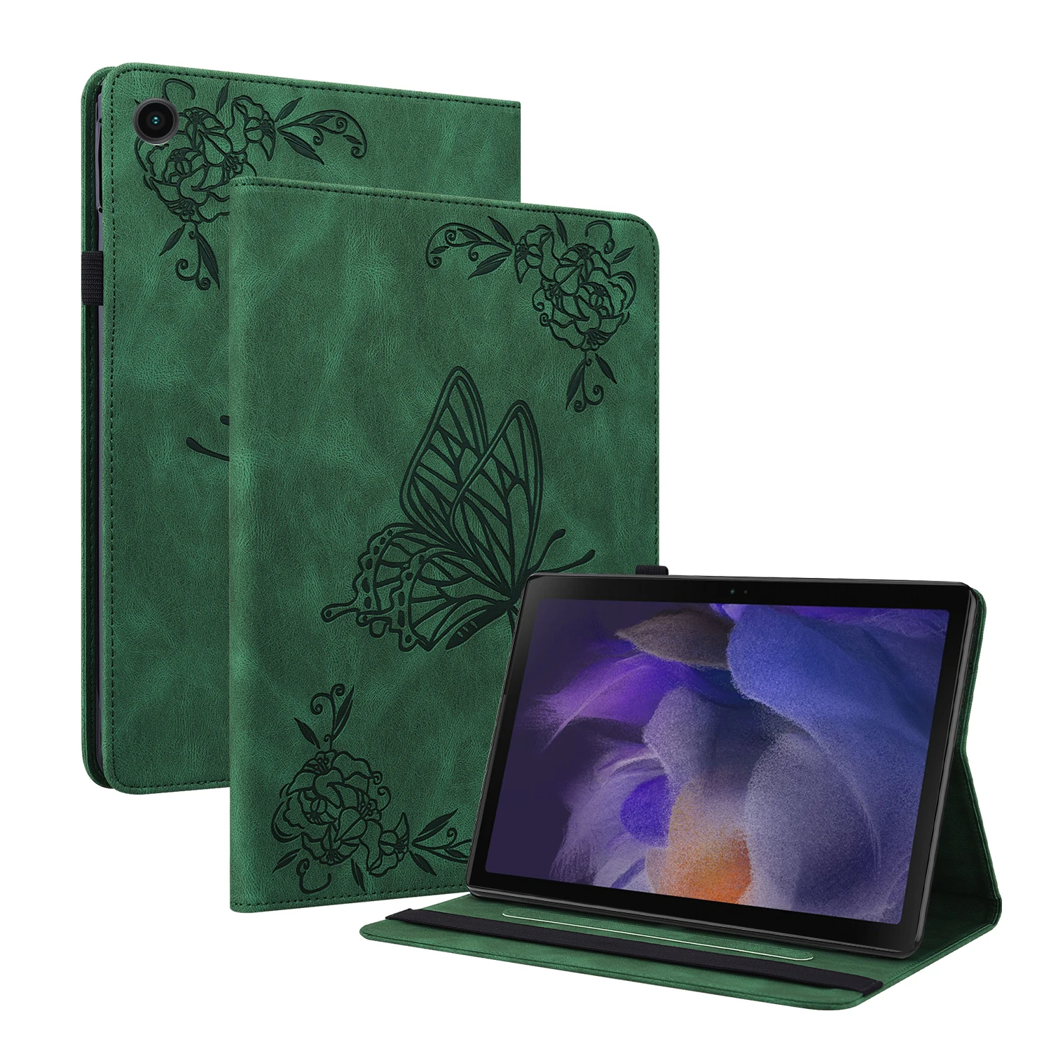 For Samsung Galaxy Tab A9+ Card Holder Tablet Case PU Leather Butterfly Flower Imprinted Stand Cover