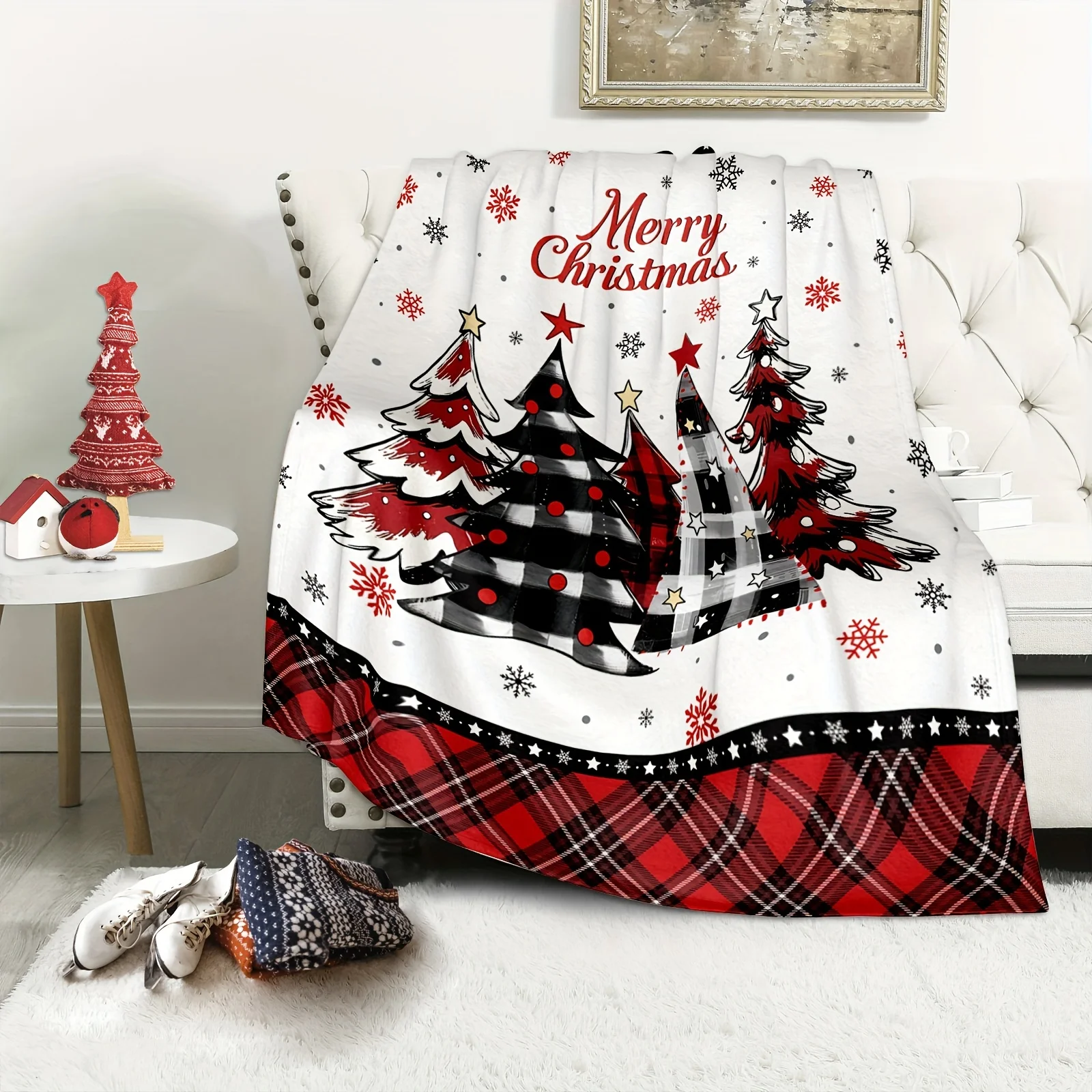 Patchwork Plaid Christmas Blanket with Christmas Tree Design - Versatile Throw Perfect Holiday Gift for Family and Friends