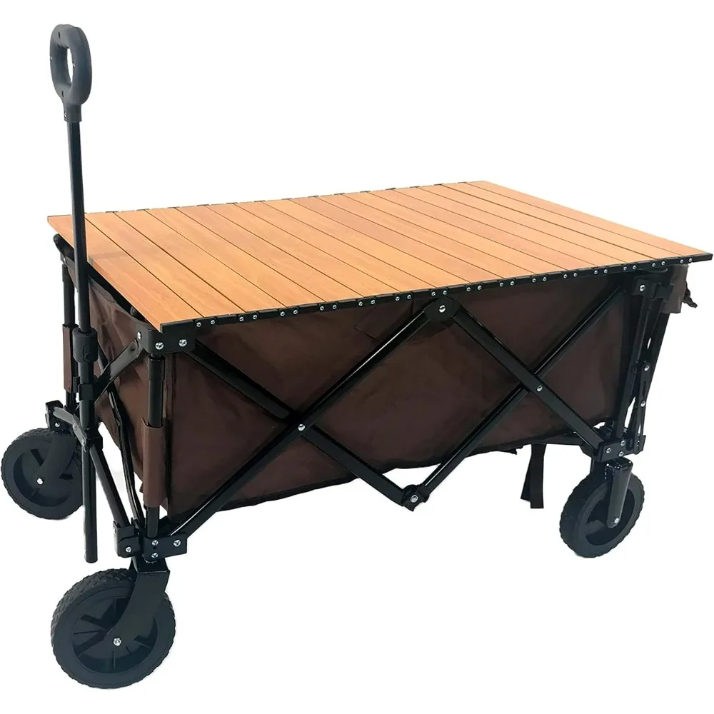 

Utility-Wagon Garden-Cart―Collapsible―w/Wood Roll Top, Adjustable Handle, Drop-Gate, All-Terrain Wheels―Heavy-Duty Folding Frame