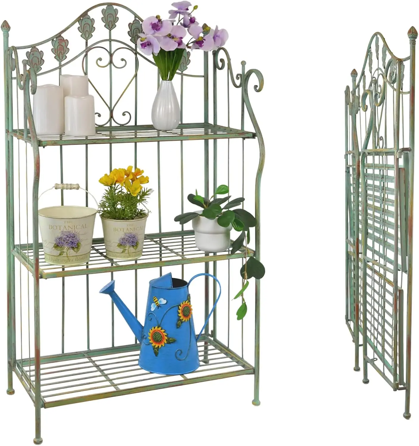 

Pre-Assembled Foldable Three-Tier Green Plant Stand | Indoor Outdoor Baker's Rack with Scrolling Heart & Peacock Tail Motif
