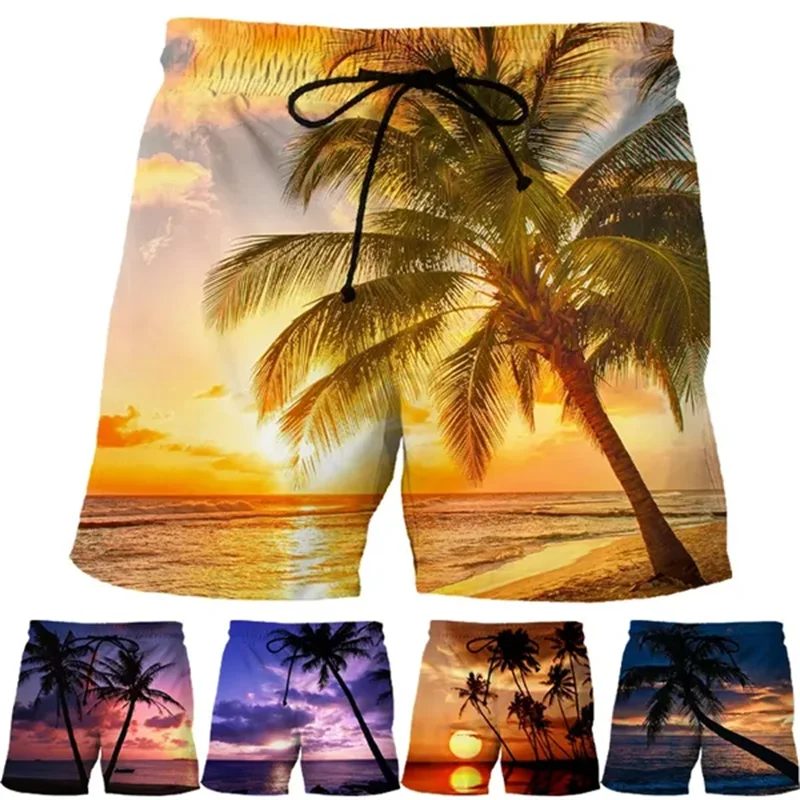 Pantalones cortos de playa para hombre y niño, Shorts con estampado 3d de palmeras tropicales, mar, atardecer, vacaciones, tabla de Surf de secado rápido, ropa de calle de verano