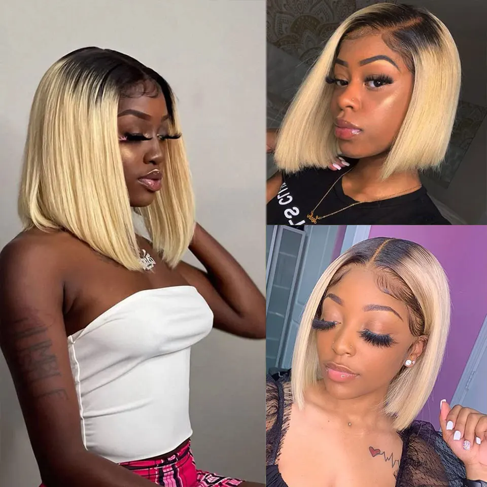 

100% человеческие волосы 1B и 613, блондинка, короткий прямой парик боб 13x4 HD, прозрачный кружевной фронтальный предварительно сорванный бразильский парик