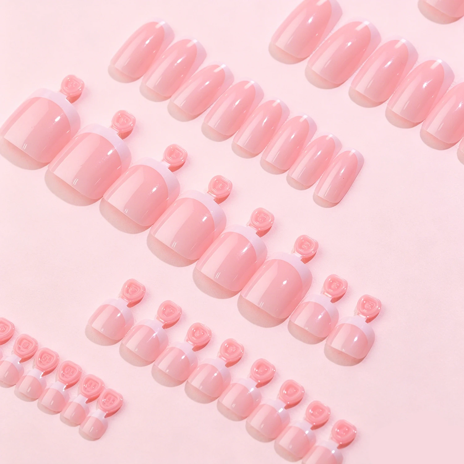 48 Stück Weiße French-Tip Aufklebenägel für Zehen und Finger, Kurze Quadratische Künstliche Hand- und Fußnägel, Glänzend Rosa, Tragbare Falsche Zehen- und Fingernägel – Detail 9