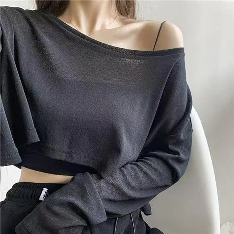 تي شيرت صيفي للسيدات للشاطئ رقيق شفاف من خلال تي شيرت كبير الحجم كوري أنيق أبيض قصير قمصان عالية الشارع غير رسمية بأكمام طويلة #2