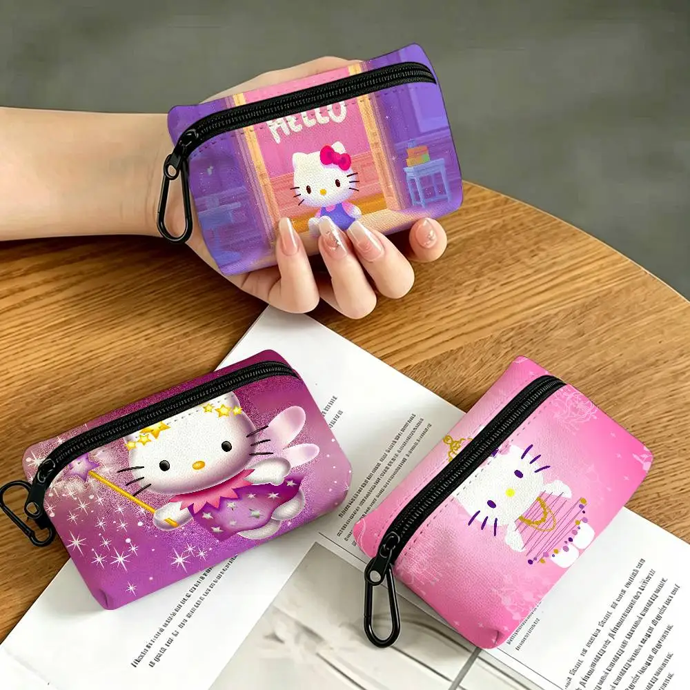 H-Hello-Kitty Iconic-Kawaii Lightweight Oxford Fabric Coin Purse Carabiner Hook Design Mini Card Key Organizer Bag