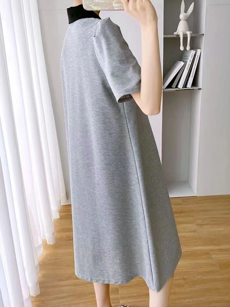 Maternity Summer Dress Set Korean Polo Shirt Maternity Dress Preppy Style Solid Color Dress Stretched Maternity Casual Dress