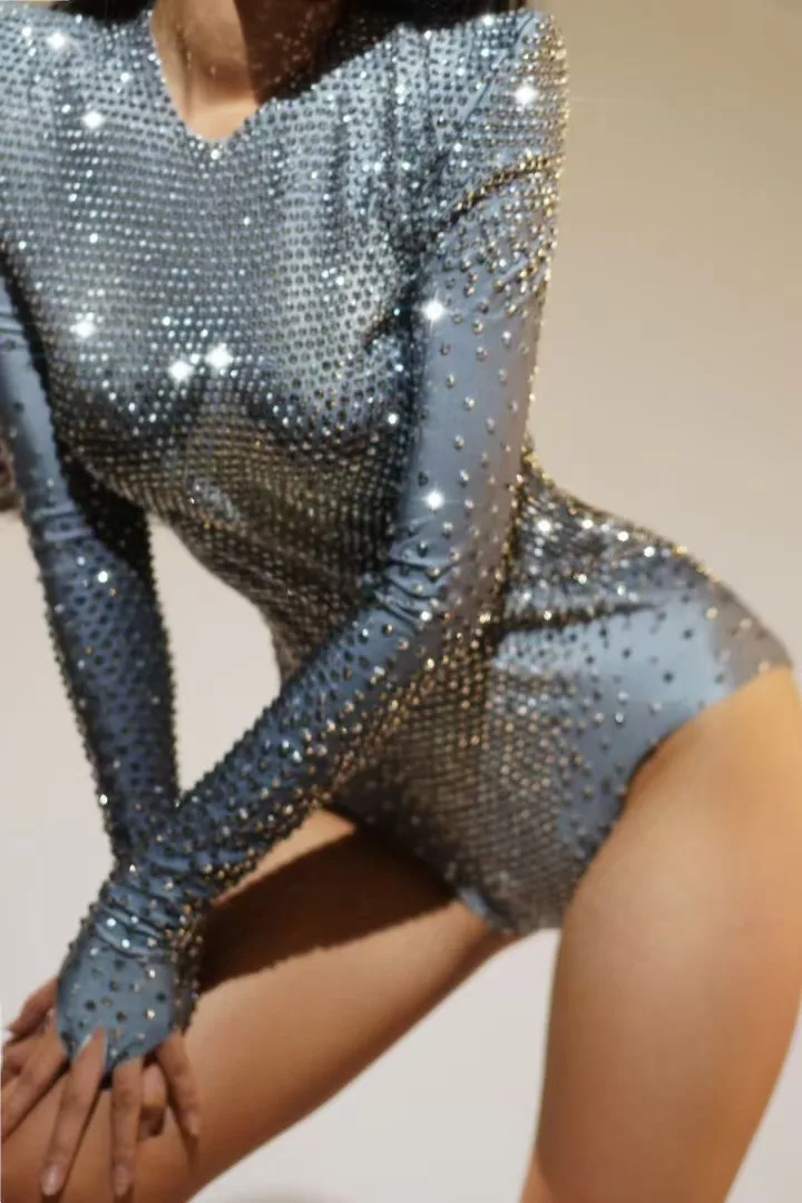 Sparkly stříbro kamínky dlouhé rukáv kombinéza ženy sexy představení tančit kostým tanečnice noční podnik jeviště photoshoot obleček