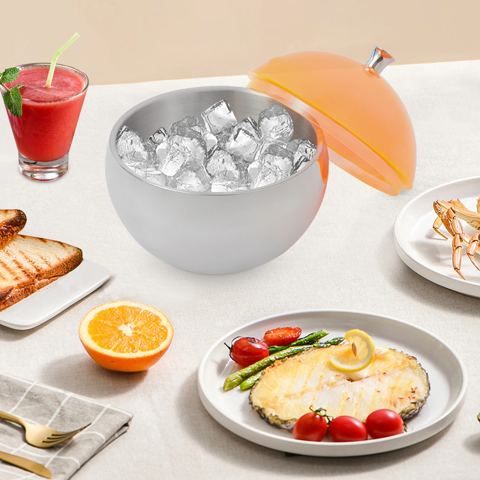 Stainless steel spherical ice bowl with orange lid