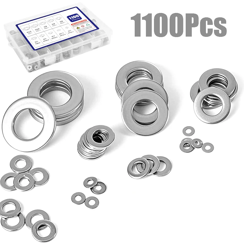1100Pcs Flat Washers Assortment Kit 304 Stainless Steel M2–M12 Metal Washers Sealing Solid Gasket for Screws and Bolts Fasteners