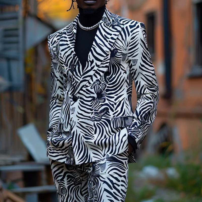 

Новый дизайн Мужской костюм-двойка с леопардовым принтом зебры Пальто Топ с двумя пуговицами Повседневный костюм для ночного клуба Модный облегающий костюм без разреза без галстука