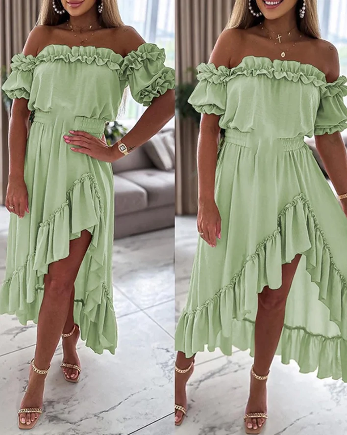 

Women's Sweet Dress 2024 Summer Autumn Latest Ruffle Frill Hem Asymmetric Maxi Dress Off The Shoulder Short Sleeve Long Skirt