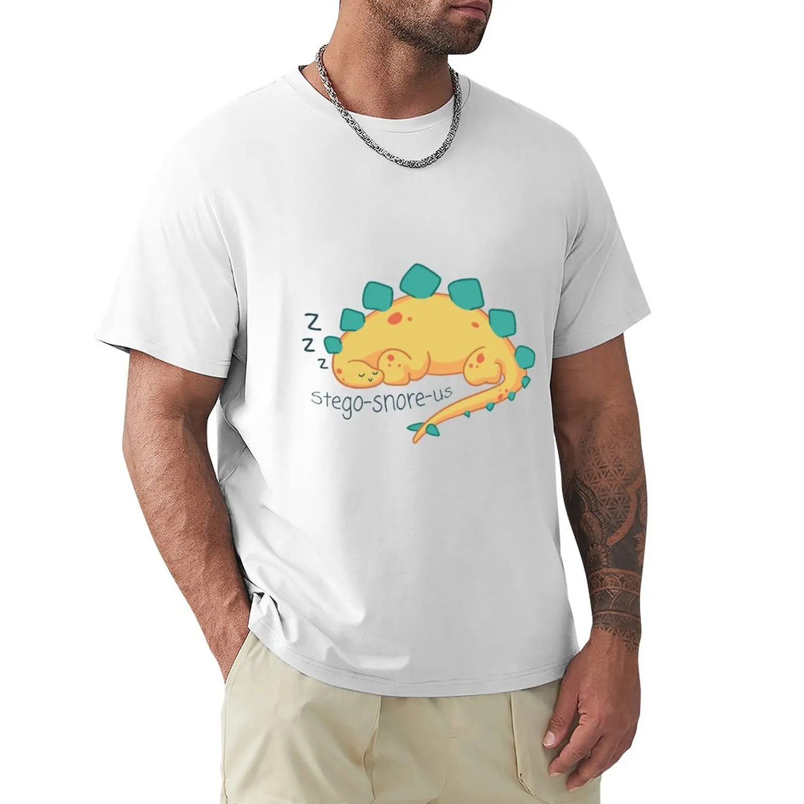 Stego-Snore-us - Dinosaur Graphic and Text pun- Yellow/Green Colour T-Shirt kawaii clothes tops Men's t-shirt