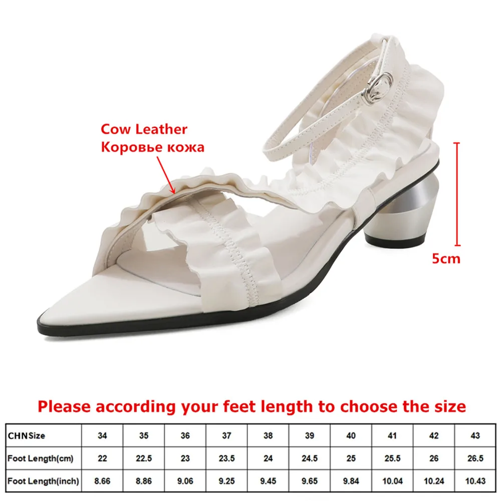 MILI-MIYA Women New Arrival Pointed Toe Cow Leather Sandals Ruffled Shoe Upper Thick Heels Ankle Wrap Dress Party Shoes For Lady