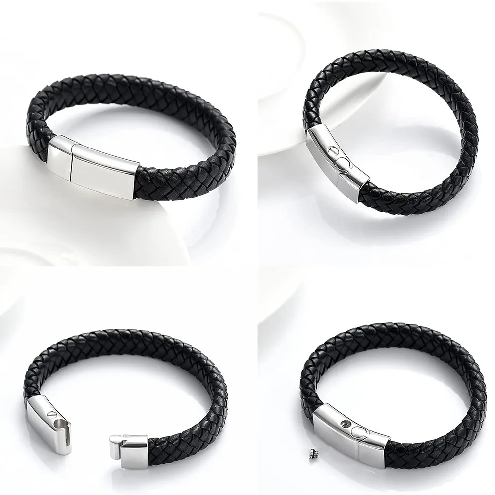 Cremation Jewelry Leather Bracelet Bangle Wristbands for Men Women Stainless Steel Magnetic Braided Cuff Jewelry Keepsake