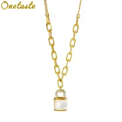 925 Sterling Silver Zircon White Pearl Lock Shaped Pendant Necklace For Women Trendy Paperclip Chain Chokers Necklaces New Gift
