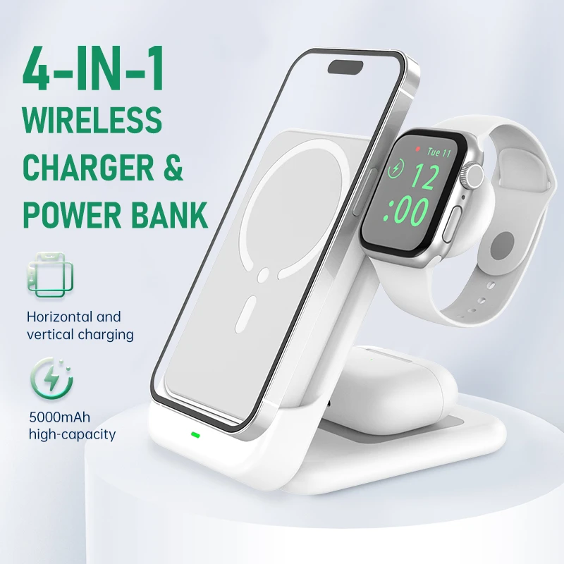 4 in 1 Wireless Charger & Power Bank for MagSafe Magnetic 15W Fast Charging Portable Battery for iPhone 16 15 14 13 12 iWatch