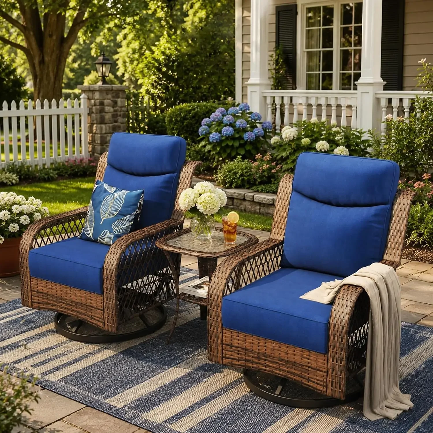 USA StockPatio Bistro Set 3 Piece Wicker Rocking Chairs Sets Outdoor Swivel Chair Furniture Set with Rattan Side Table, 5
