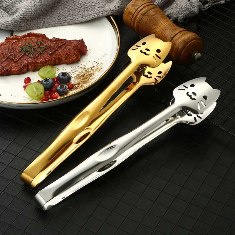 

Household Cute Cat Head Food Clamp Barbecue Clamp Kitchen Baking Bread Clip Steak Stainless Steel Extended Anti Scald Food Clip