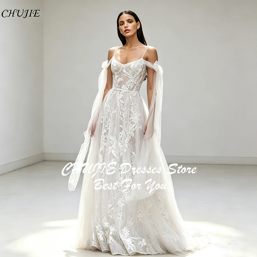 Champagne Wedding Dresses Woman Bridal Robe Boho Bridal Gown Lace Applique Sweetheart Off Shoulder Bride Dress Vestidos De Noiva