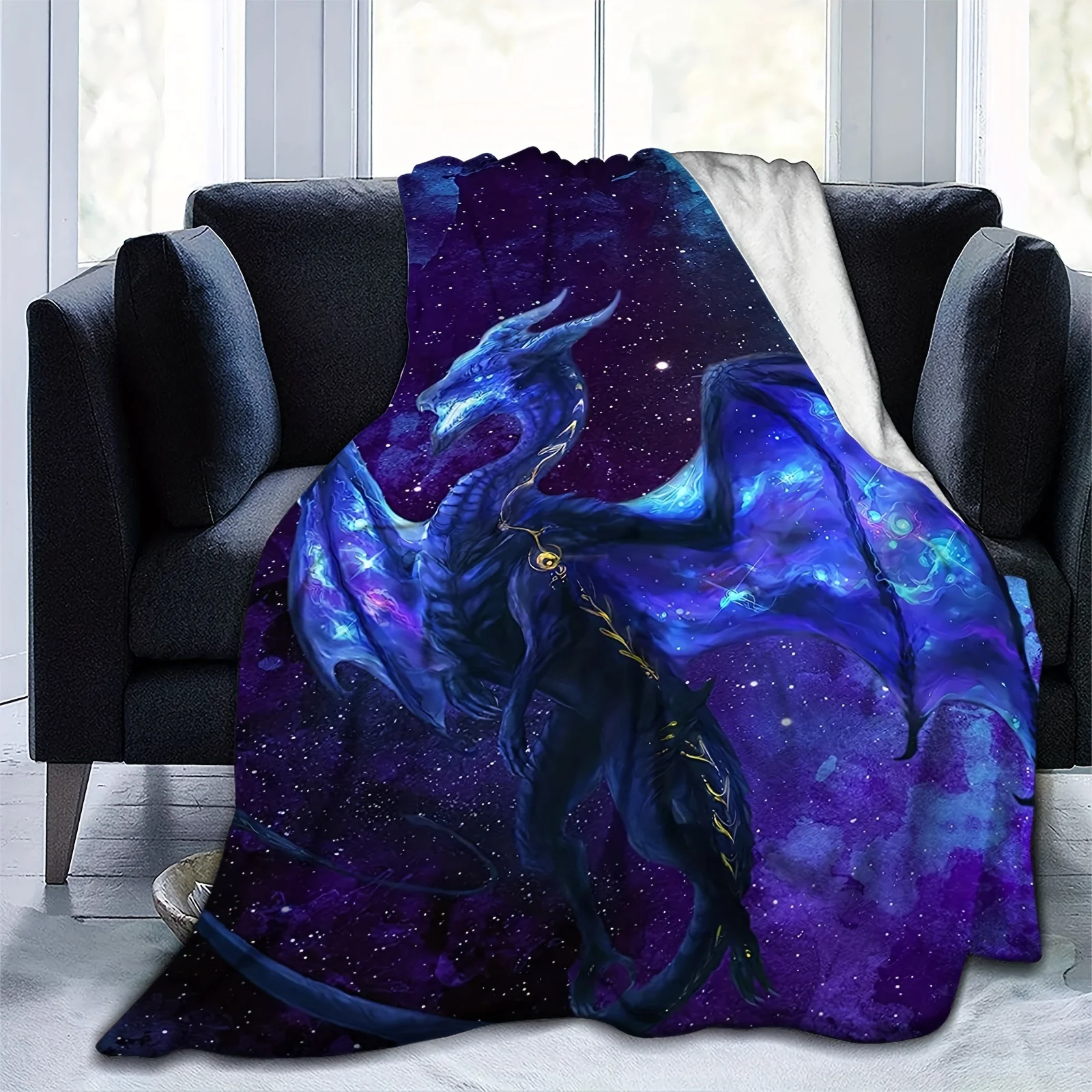 Blue Dragon & Starry Sky Flannel Blanket – Soft & Cozy, Machine Washable, All-Season Throw for Sofa, Bed, Camping & Travel