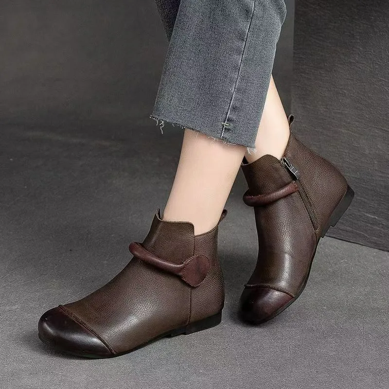 Retro Women Short Ankle Boots 2024 Autumn Winter Faux Cow Leather Slip-on Shoes Handmade Round Toe Light Weight Flat Booties