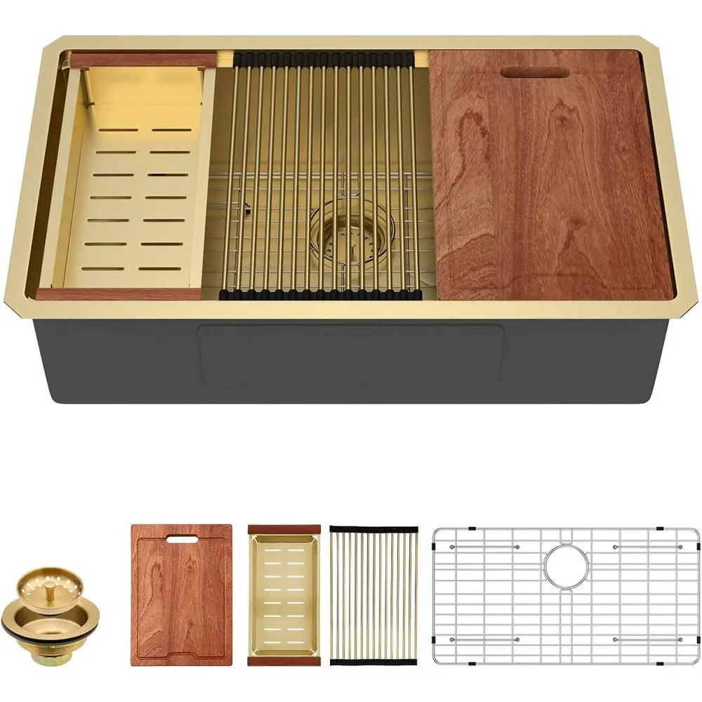 

Undermount Kitchen Sink 33 x 19 Stainless Steel Sinks 16 Gauge Single Bowl Ledge Workstation Handmade Under Counter Kitchen Sink