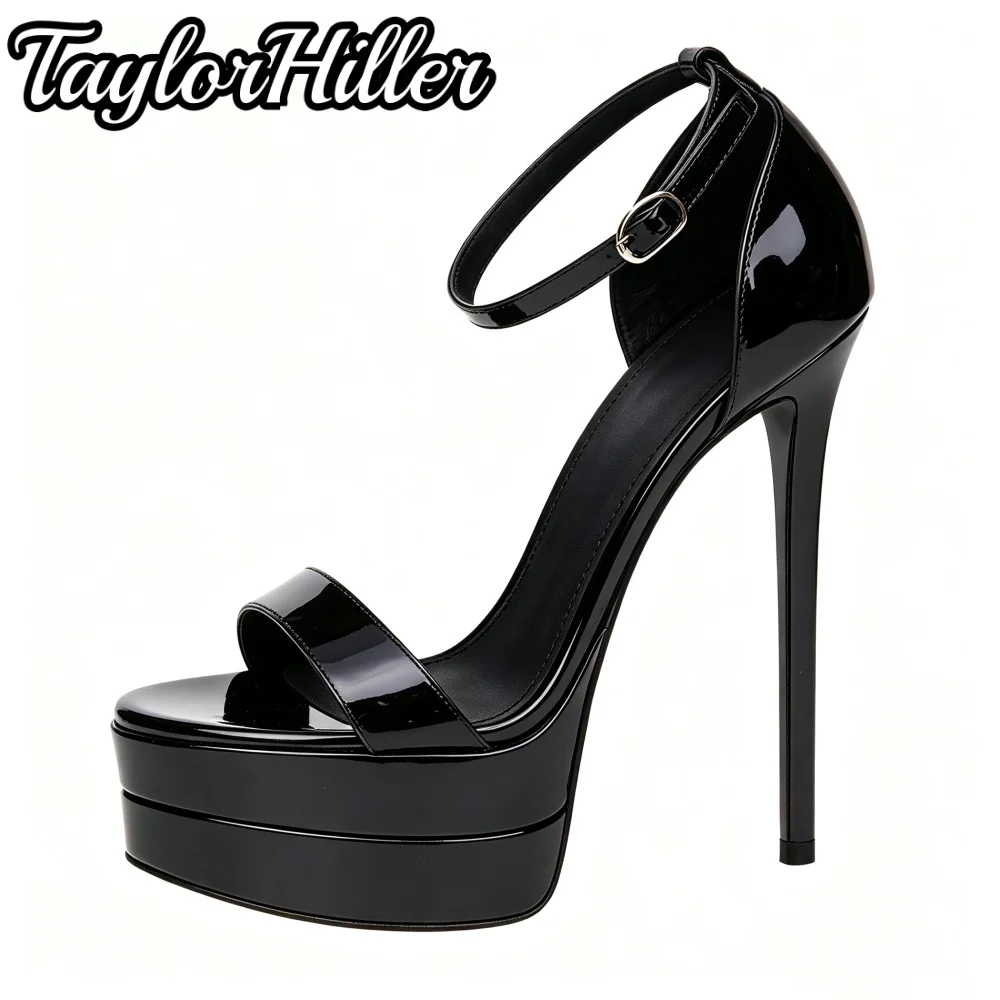 Womens Glossy Patent Leather Platform Stiletto Sandals Ankle Buckle Strap Open‑Toe High Heels Dress Party Evening Prom Shoes