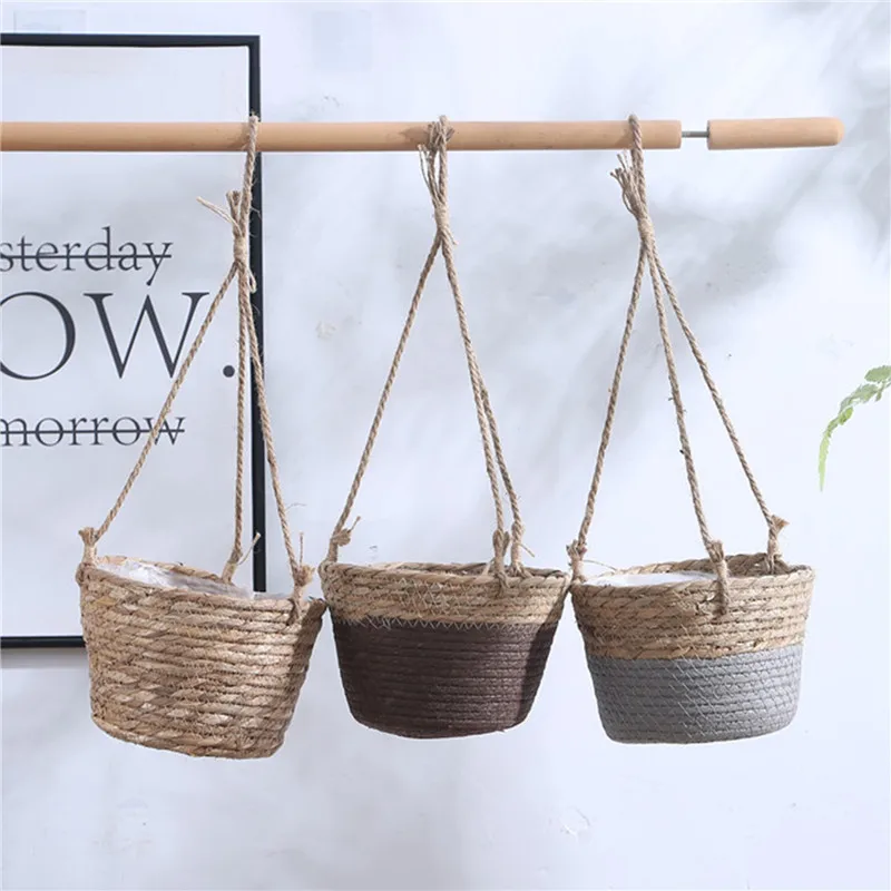Grass Woven Hanging Flower Baskets Woven Hanging Green Plant Potted Flower Basket Cattail Hanging Flower Pots