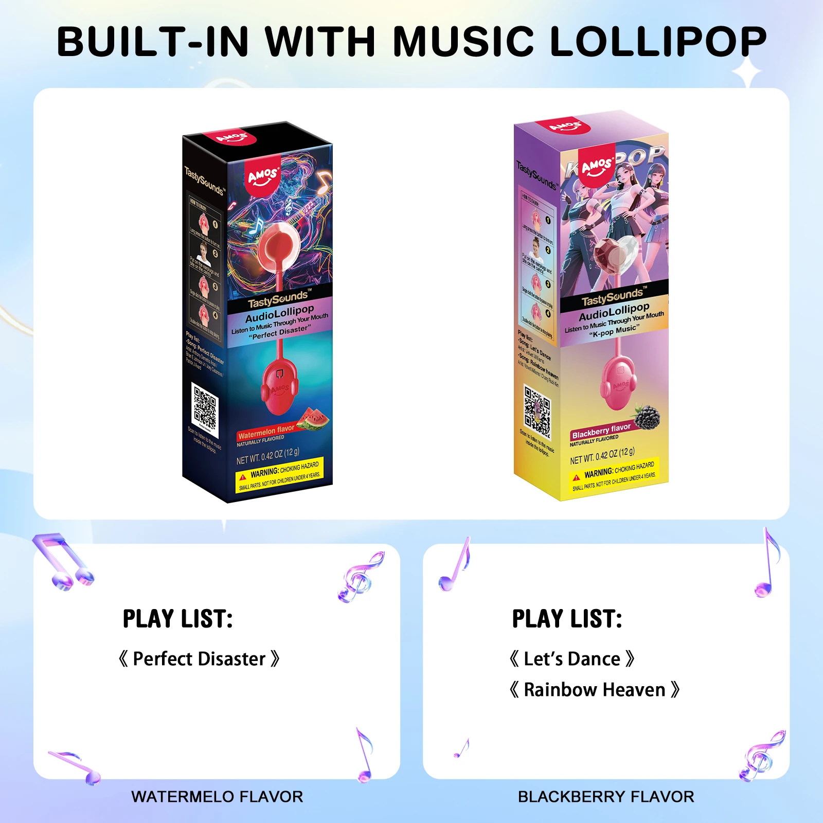 Amos TastySounds Audio Singing Smart Lollipop Gift Watermelo&Blackberry Flavor Bone Conduction Music Lollipop Candy