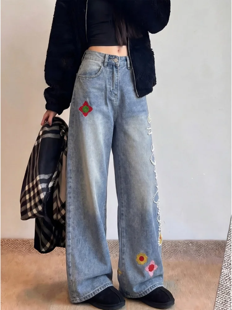 

American Style High Waist Straight Leg Wide Leg Pants Floral Embroidery Denim Spring Fashion Casual Wear Resistant Stretchless