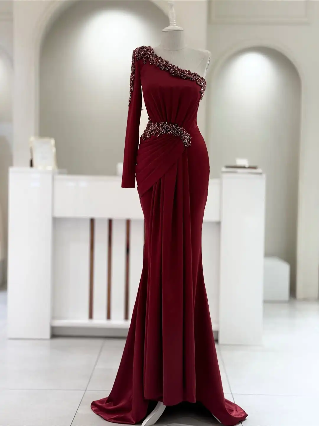 

New Design Sexy One Shoulder Beading Crystal Evening Dress Elegant Waist Pleated Draped Prom Formal Party Dress