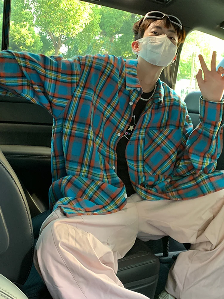 

Blue Plaid Long Sve Men's irt American High Street Sle Retro Japanese Sun Protection Baroque Coat Casual Loose Fit Cot...
