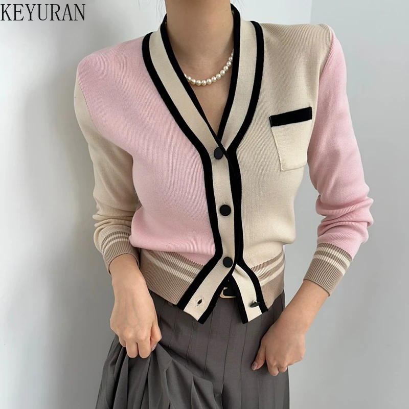 

Korean Chic Striped Patchwork Knitted Cardigan Sweater for Women Spring Autunm Slim V-Neck Long Sleeve Knitwear Crop Tops Jumper